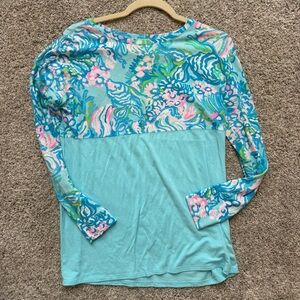 Lilly Pulitzer Finn Top XS Blue Pink Floral Long Sleeve Coastal Print